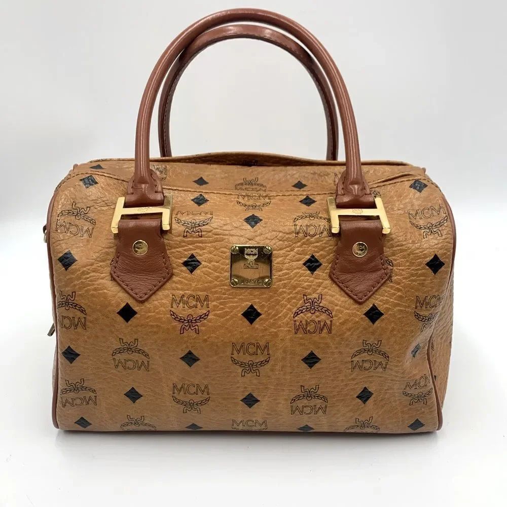 Auth MCM Visetos Cognac Brown Coated Canvas Leather Boston Tote Handbag Preloved